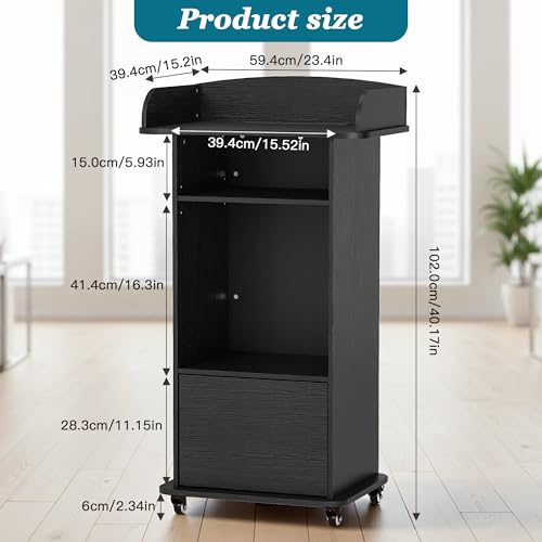 Qriocioa Podium Stand with Metal Wheels Wooden Lectern Podium Stand Portable Pulpit Standing with Storage Mobile Reception Podiums Desk for Church Office School Conference Restaurant Meeting, Black