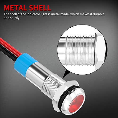 Daiertek Led Indicator Light 12V Waterproof Red Signal Light Waterproof 6Mm 1/4" Metal 12 Volt Panel Led Indicator Signal Light Panel Mount Flat Head With Wires Silver Shell -3Pcs #TOP2