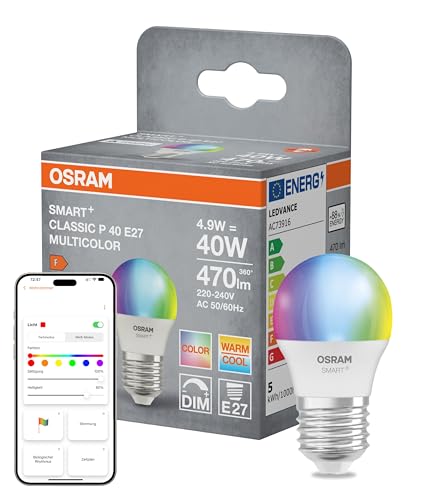 Osram SMART+ LED-Lampe P40 RGBW E27, Miniballform, WLAN-fähig, steuerbar mit App, kompatibel mit Matter, Alexa, Google Assistant