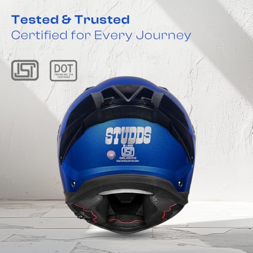Image of STUDDS Helios ISI and DOT Certified Full Face Helmet with Antifog 100 Lens, Sporty Spoiler (Flame Blue - XL)