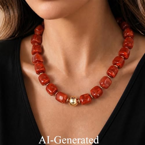 Ritach Red Beaded Necklace, Statement Chunky Necklace for Women Jewelry — view 4