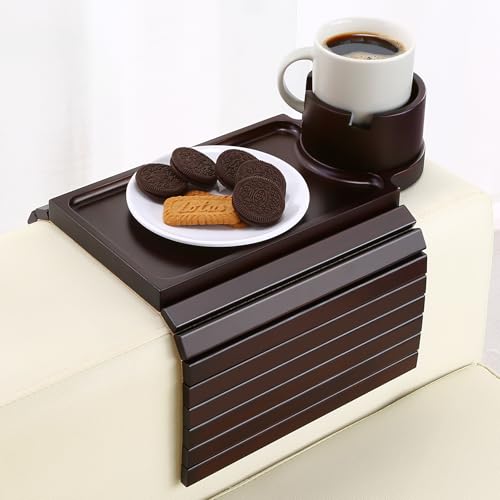 GHKINMAL Couch Cup Holder Tray, 3 in 1 Large Couch Arm Trays,Bamboo Chair Clip on Tray with 360° Ratated Phone Cup Holder for Couch,Snacks,Remote,Phone-Black Walnut