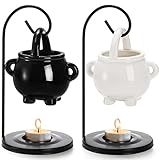 Jucoan 2 Pack Hanging Cauldron Oil Burner, White & Black Witches Cauldron Oil Burner, Ceramic Essential Oil Burner Wax Melt Burner Aroma Oil Diffuser Tealight Candle Holder for Christmas Home Decor