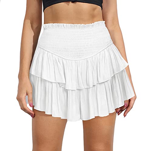 MiiVoo Women’s Summer High Waist Ruffle Short Mini Skirts Elastic Waist Solid Lined Layered Flared Pleated Beach Short Skirt (S, White)