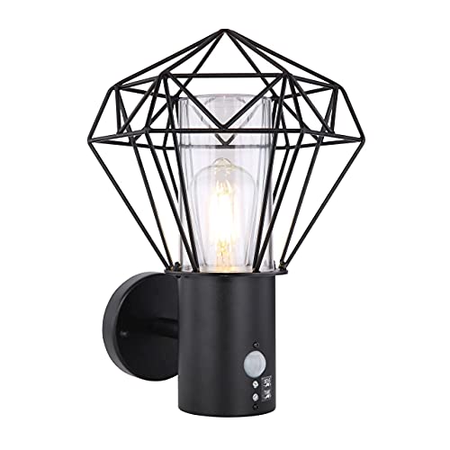 GLOBO E27 Außenwandleuchte mit Bewegungsmelder aus Edelstahl klar aufrecht GitterSchirm Außenwandlampe schwarz IP44