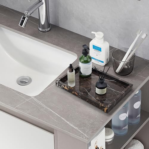 Image of Real Natural Marble Tray for Bathroom, Vanity, Kitchen and Desktop, Rectangle Genuine Marble Stone Tray for Jewelry, Cosmetics, Candles, Lotion, Perfume and Home Decor Brown