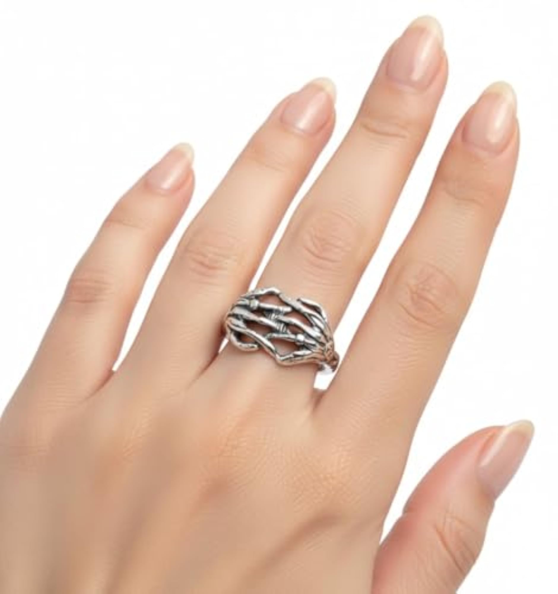 Gothic Skeleton Hand Adjustable Ring, Polished Silver