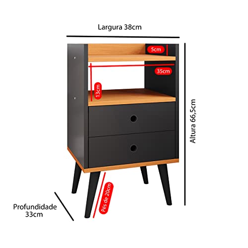 Mesa De Cabeceira Quarto Dream 2 Gavetas com Pés Estilo Retrô - Preto/Cinamomo