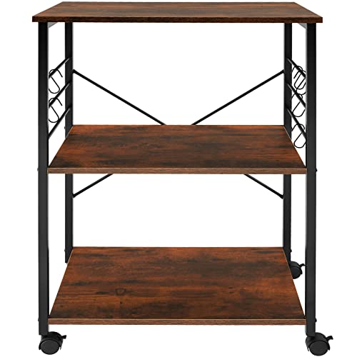 Tectake® Carrello Cucina 65,5X45,5X88,5Cm, Carrello Con Ruote 3 Ripiani, Scaffale Salvaspazio Microonde, Organizer Cucina Portaoggetti Con Ganci, Per Casa E Dispensa, Stile Industriale - Legno Scuro - 3