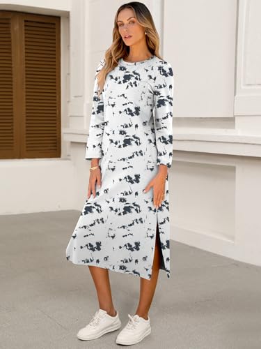 Image of ANRABESS Womens 3 /4 Sleeve Midi T Shirt Fall Dresses | Striped Solid Floral,Long Sleeve Slit Crew Neck &Chest Pocket,2026 Fall Outfits,Casual Travel Vacation Clothes,Summer Spring