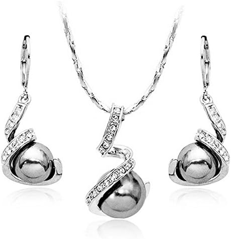 TINARE 18k White Gold Plated Austrian Crystal Black Pearl Earring and Necklace Set Gft