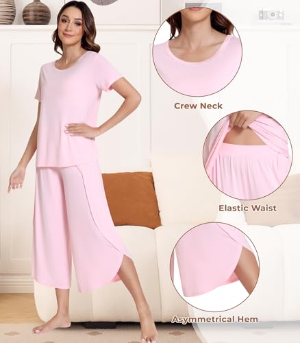 Image of NACHILA Pajamas Set for Women Short Sleeve Sleepwear with Capri Pants Cool Pjs Soft Loungewear,Viscose Made from Bamboo
