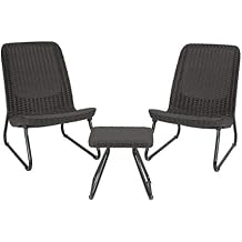 Keter Rio 3 Piece Resin Wicker Patio Furniture Set with Side Table and Outdoor Chairs for Front Porch and Backyard Decor, Dark Grey