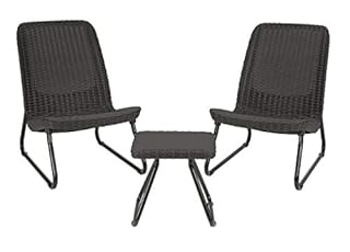 Keter Rio 3 Piece Resin Wicker Patio Furniture Set with Side Table and Outdoor Chairs for Front Porch and Backyard Decor, Dark Grey