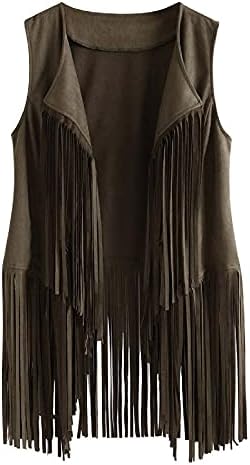 Fringe Jacket Women Sleeveless Tassels Waistcoat Lapel Trendy Outerwear Vests Open Front Cardigan 60S 70S Fall Gilet Green