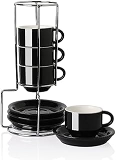 Sweejar Home Porcelain Espresso Cups with Saucers, 74ml Stackable Cappuccino Cups with Metal Stand for Coffee Drinks, Latte, Tea - Set of 4 (Black)