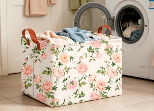 Image of CLOCOR Rectangular Storage Basket Empty,Gift Basket,Waterproof Storage Bin with Handles,Room Decor(Watercolor Rose)