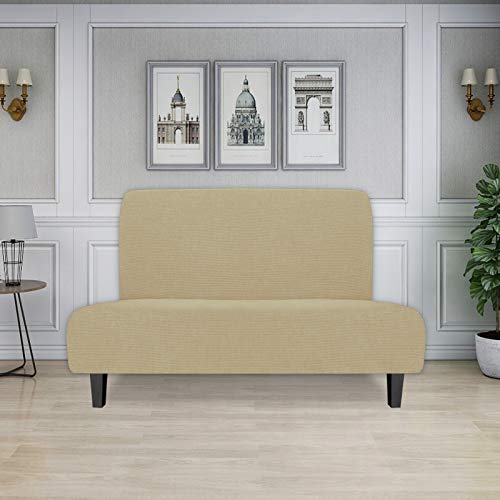 Image of Easy-Going Stretch Medium Futon Slipcover Armless Futon Cover Beige | Sofa Bed Furniture Protector Without Armrests with Elastic Bottom for Kids, Soft Jacquard Machine Washable
