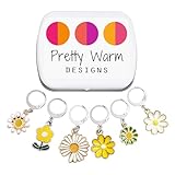Daisies Flowers Locking Crochet Knitting Stitch Markers with Storage Case | Handmade by Pretty Warm Designs | Metal Enamel Charm Removable Clip Unique Accessories Gift for Mom, Friend, Grandma