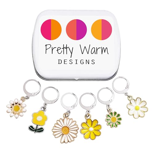 Daisies Flowers Locking Crochet Knitting Stitch Markers with Storage Case | Handmade by Pretty Warm Designs | Metal Enamel Charm Removable Clip Unique Accessories Gift for Mom, Friend, Grandma