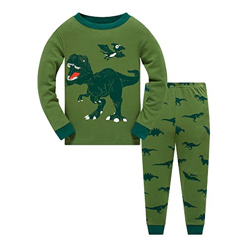 Little Boys Space Pajamas Sets for Toddler 100% Cotton Dinosaur Train Rocket Glow in Dark Sleepwear Long Sleeve 2 Piece kids Clothes Pjs 3-7T green dinosaur-6259-8T