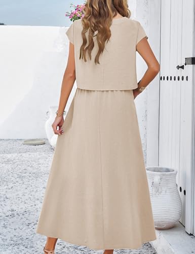 Image of Mingzhu Womens 2 Piece Outfits Skirt Set Summer Casual Cap Sleeve Crop Tops Maxi Dress Sets with Pockets