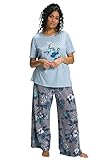 lange Hose mit Blüten Ulla Popken Damen Pyjamas, Flowers, Round Neck, Half Sleeves Pyjamaset, Himmelblau, 50-52 EU