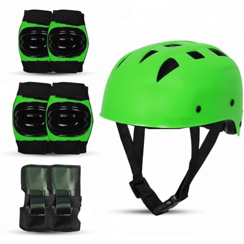 Image of Kids Roller Skates Set with Helmet, Knee Pads, Elbow Pads and Wrist Guards (Green)