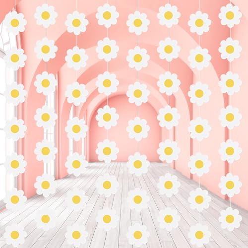 Image of Pasimy 8 Pcs Daisy Boho Party Decorations Groovy Daisy Paper Garlands White Flower Hanging Garland Banner Hippie Flower Cutouts for Birthday Shower Wedding Party Favor Supplies(Fresh,White)