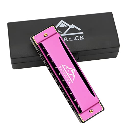 EastRock Blues Harmonica Mouth Organ 10 Hole C Key with Case, Diatonic Harmonica for Professional Player, Beginner, Students gifts, Adult, Friends, Gift(Pink?)