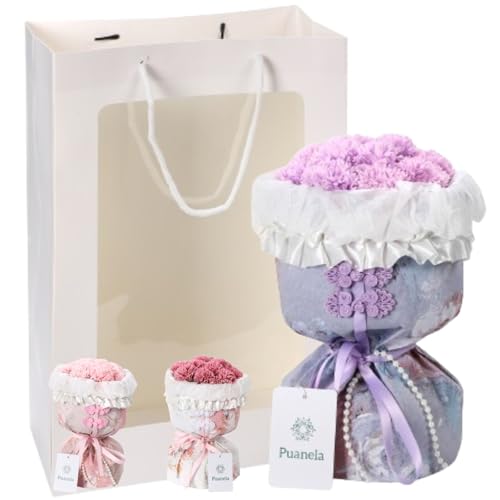 【anan掲載店・プロ推奨】 Puanela ソープフラワー 花束 ギフト 母の日 カーネーション 誕生日 退職 卒業 敬老の日 プレゼント 花 造花 紙袋付き (カーネーション:アメジスト)