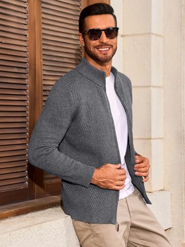 Runcati Mens Full Zip Cardigan Sweater Casual Slim Fit Knit Sweaters Stand Collar Fall Winter Ribbed Cardigan3