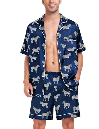 Image of SWOMOG Men Satin Silk Pajamas Sets Short Sleeve Sleepwear Button-Down PJs Sets Two-Pieces Loungewear with Pockets