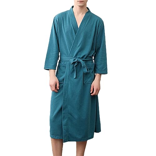 Generisch Albornoz para hombre de algodón de piqué para sauna, ligero, largo, bata de algodón, con cuello de pico, kimono, batas, ropa de dormir larga, para exteriores, albornoz de longitud media,