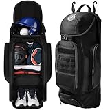 Sturdum Catchers Gear Bag with Wheels, Rolling Baseball Softball Bag with 4 Bat Sleeves, Fence-Hooks, Separate Shoe Compartments and Multi-Pockets, Sturdy Back Base Plate