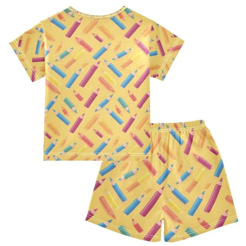 ALAZA Colorful Pencils Yellow Pajamas Set Short Sleeve Cotton Sleepwear Summer Pjs 2 Piece 5-14Y2