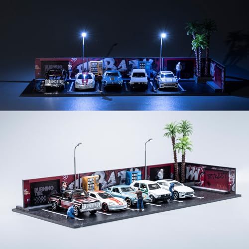 1/64 Diorama Garage – A Model Car Display Case with Miniature Toy Buildings, Featuring 2 LED Street Lamps and 5 Outdoor Parking Spaces