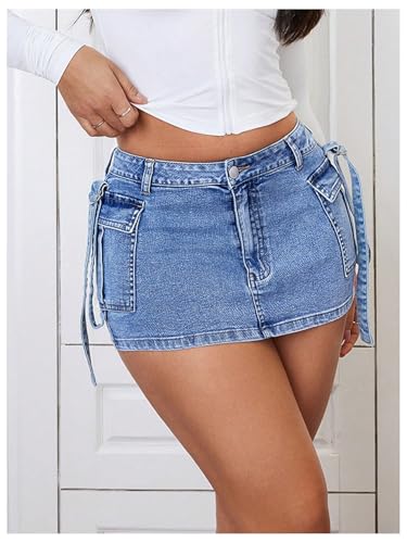 WDIRARA Women's Low Rise Button Stretch Y2k Bodycon Mini Denim Skirt with Pockets3