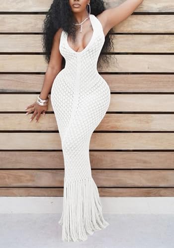 Image of Tcremisa Womens Crochet Knit Maxi Dress Halter Backless Fringe Long Bodycon Dresses Summer Vacation Beach Cover Ups White