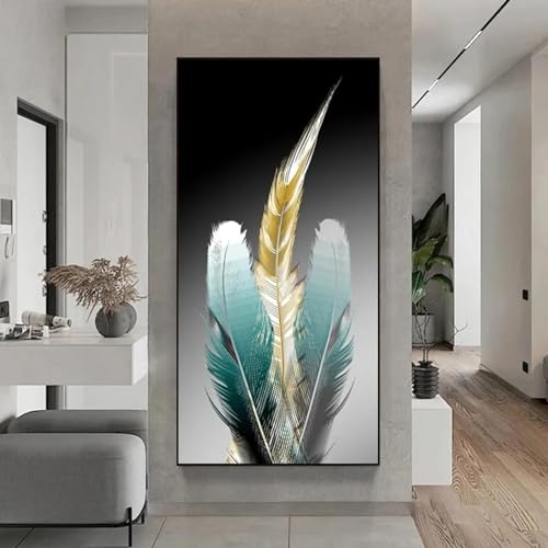 Tableau plume dorée 55x110cm encadré pour grand salon moderne