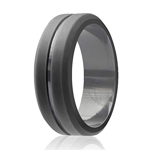 ROQ Silicone Rubber Wedding Ring for Men, Comfort Fit, Men's Wedding Band, Breathable Rubber Engagement Band, 8mm Wide 2mm Thick, Engraved Middle Line, Single, Grey, Size 16