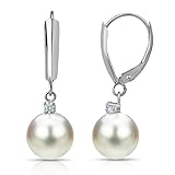 Amazon Collection 14k White Gold 1/10cttw Diamond with 11-11.5mm Round White Freshwater Cultured Pearl Lever-Back Dangle Earrings