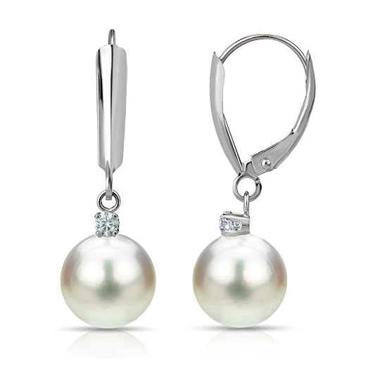 14k White Gold 1/10cttw Diamond with 11-11.5mm Round White Freshwater Cultured Pearl Lever-Back Dangle Earrings