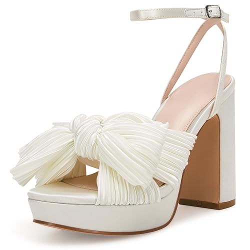 VETASTE Women's Pleated Bow Knot Platform Heeled Sandals Open Toe Chunky Block Heel Ankle Buckle Strap Bridal Wedding Dress Shoes