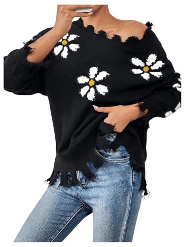 Image of SweatyRocks Women's Floral Print Sweaters Long Sleeve Ripped Crewneck Asymmetrical Hem Drop Shoulder Knit Pullover Tops Black Medium