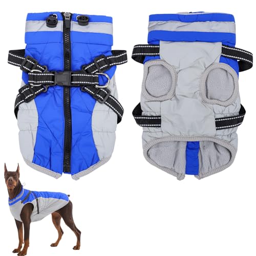 Mayoii Waterproof Dog Coat with Harness, Dog Rain Coat - Warm Fleece Winter Dog Jacket Waterproof, dog coat waterproof for Small, Medium & Large Dogs (Blue, L)