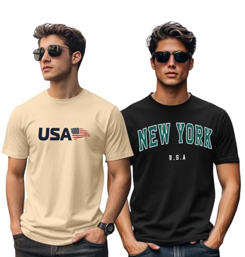 Image of Veirdo 100% Pure Cotton Regular Fit Cool & Trendy Front Printed Half Sleeve T-Shirt Combo for Men (Available Colors: Black, Navy, Swanwhite, White & Green)