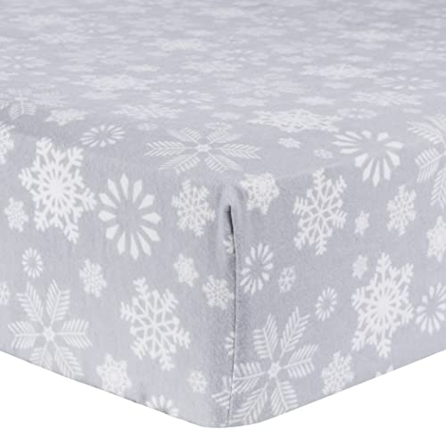 Image of Snowflake Flurry Fitted Crib Sheet - 100% Cotton; White, Gray; Fully Elasticized; 10-Inch Pockets; Fits Standard Crib Mattress 28 in x 52 in;