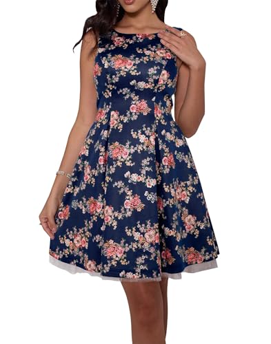 Angel-fashions Mujer Vestido de Regreso a casa Azul Marino con Estampado Floral Estilo Vintage sin Mangas Vestido Formal de cóctel Vestido para invitada de Boda Size 42