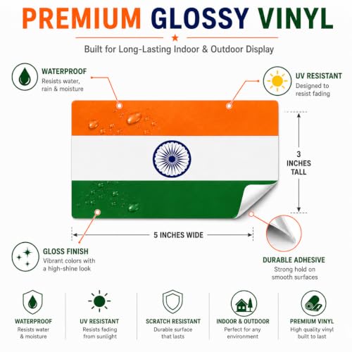 Image of Indian Vinyl Flag Stickers, Car Decals, Waterproof Indoor Outdoor, Laptop Stickers, Car Bumper, India Flag, 5 x 3 Inches, Set of 3